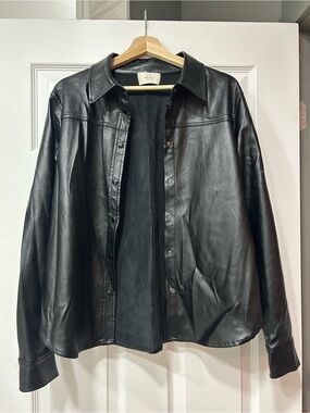 Classic Black Faux Leather Button-Front Jacket